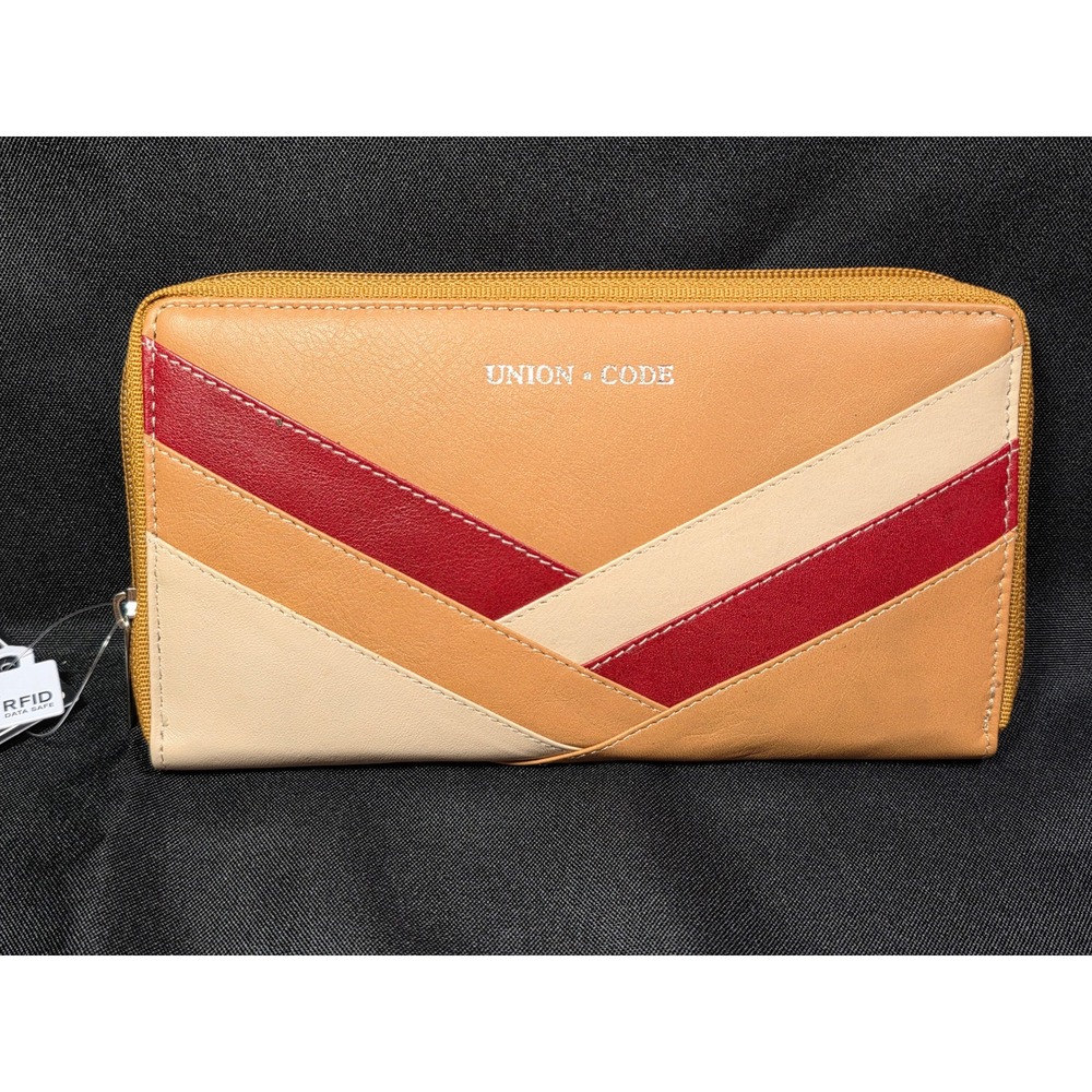 Union‎ Code Genuine Leather RFID Zip Around Wallet Chevron Colorblock Tan Red